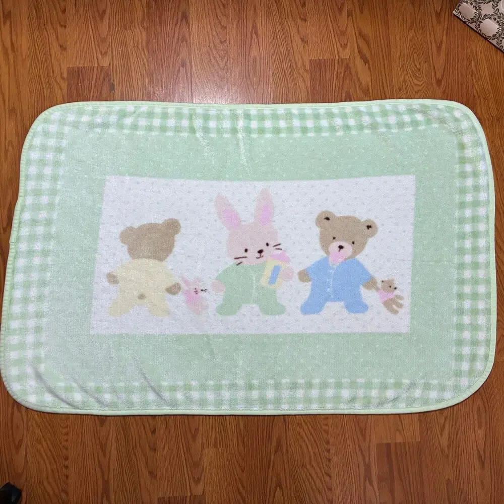 Vintage Carters Hide and Seek Baby Blanket Bunny Bear Green Fleece Just One Year